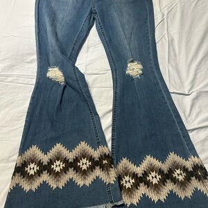 Crazy Train Blue Flare Jeans with Patterned Hem